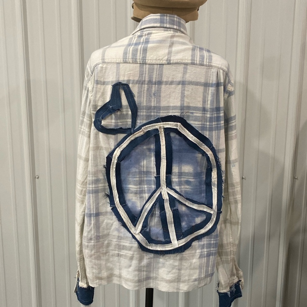 Denim Patchwork Peace/heart symbols on bleached flannel. Denim cuffs, by Susie.